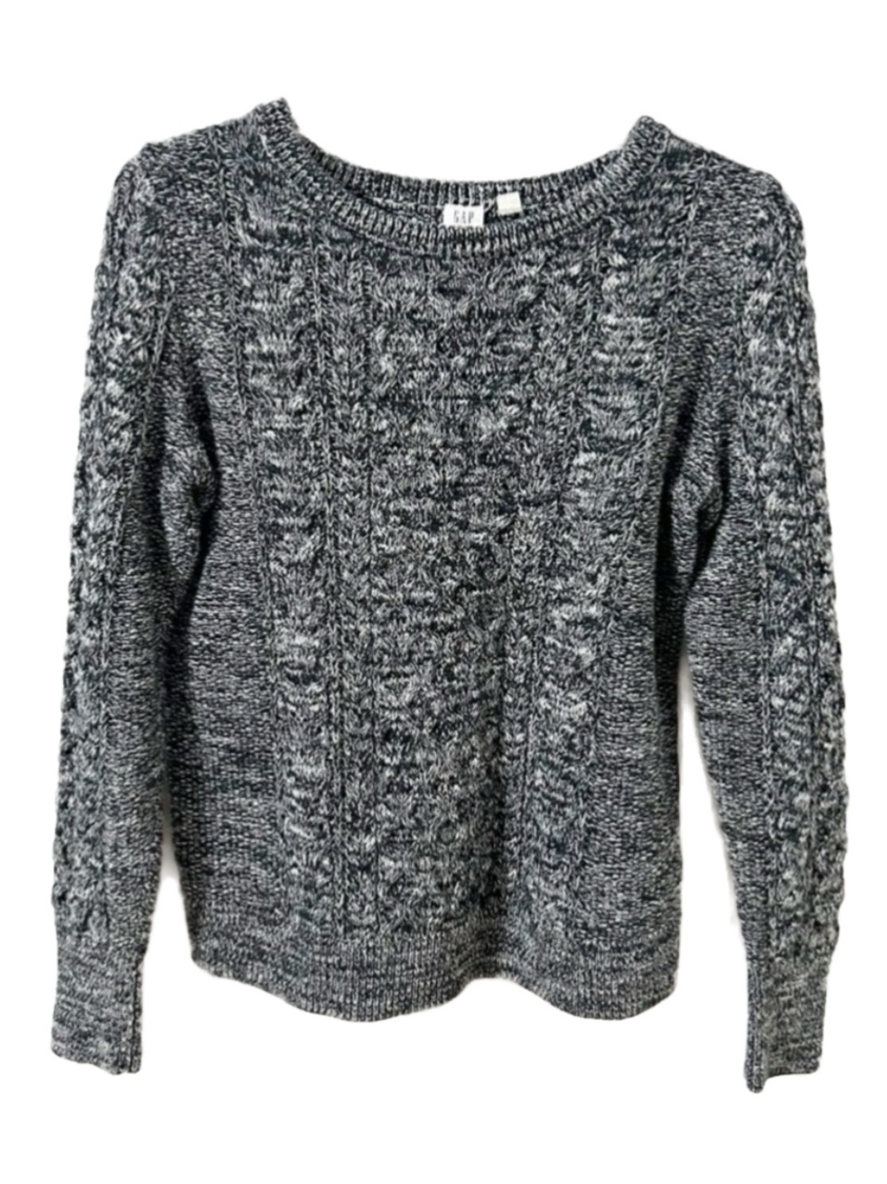 GAP Black and White Flecked Cable Knit Reverse Knit Crew Neck Sweater Scoop Neck